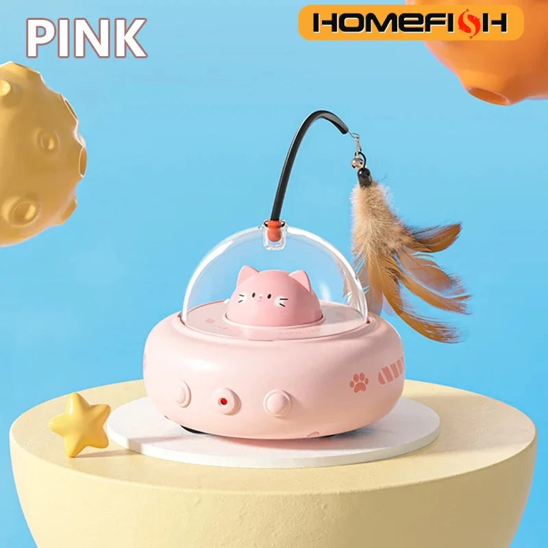 HOMEFISH Smart Teaser Cat Car Electric UFO Teaser Stick with Bell Training Pet Toys Replaceable Feather Interactive Supplies