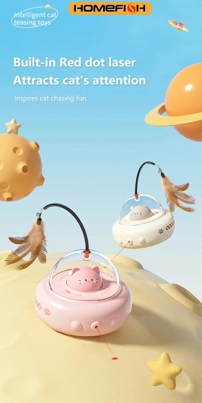 HOMEFISH Smart Teaser Cat Car Electric UFO Teaser Stick with Bell Training Pet Toys Replaceable Feather Interactive Supplies