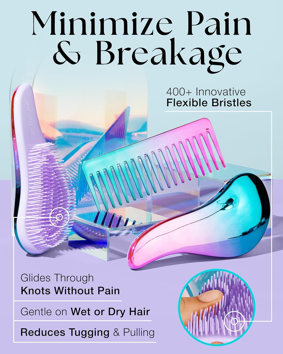 Detangler Brush & Comb Set - Lightweight Wide Tooth Detangling Tool for Women & Kids - Smooths Curly, Straight, Dry, Fine, & Thick Hair, Purple