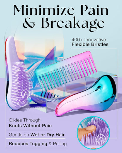 Detangler Brush & Comb Set - Lightweight Wide Tooth Detangling Tool for Women & Kids - Smooths Curly, Straight, Dry, Fine, & Thick Hair, Purple