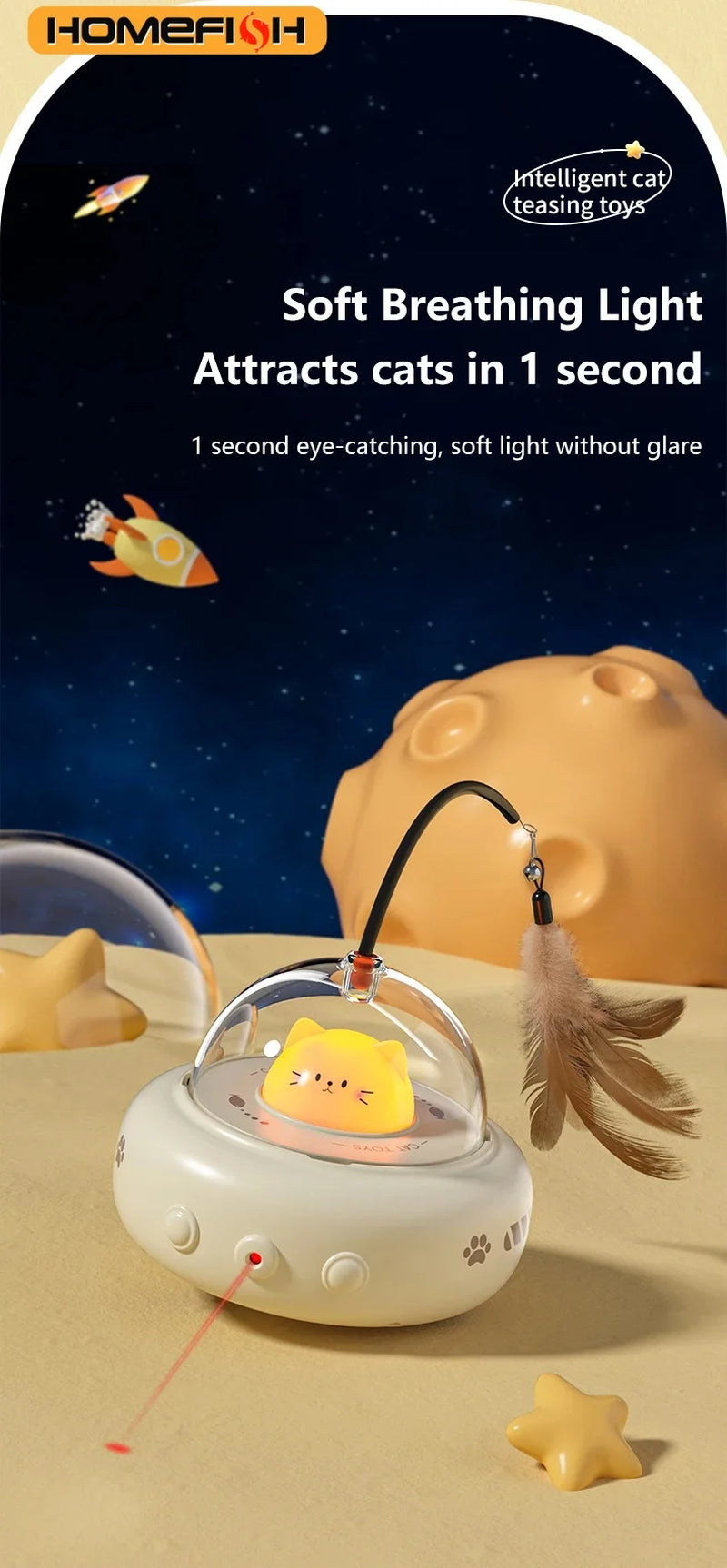 HOMEFISH Smart Teaser Cat Car Electric UFO Teaser Stick with Bell Training Pet Toys Replaceable Feather Interactive Supplies
