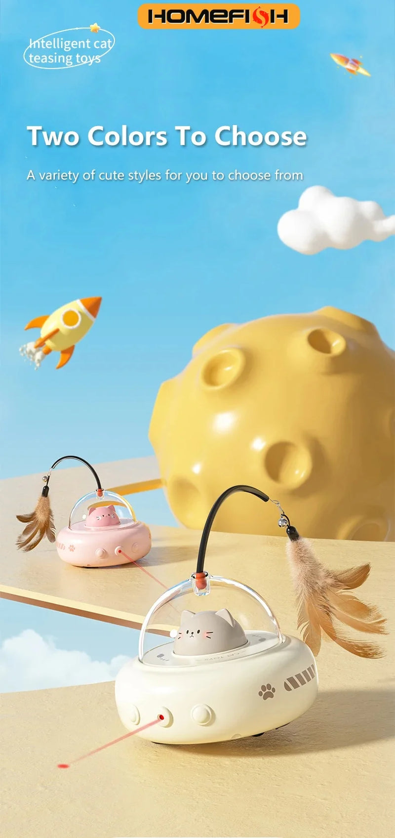 HOMEFISH Smart Teaser Cat Car Electric UFO Teaser Stick with Bell Training Pet Toys Replaceable Feather Interactive Supplies