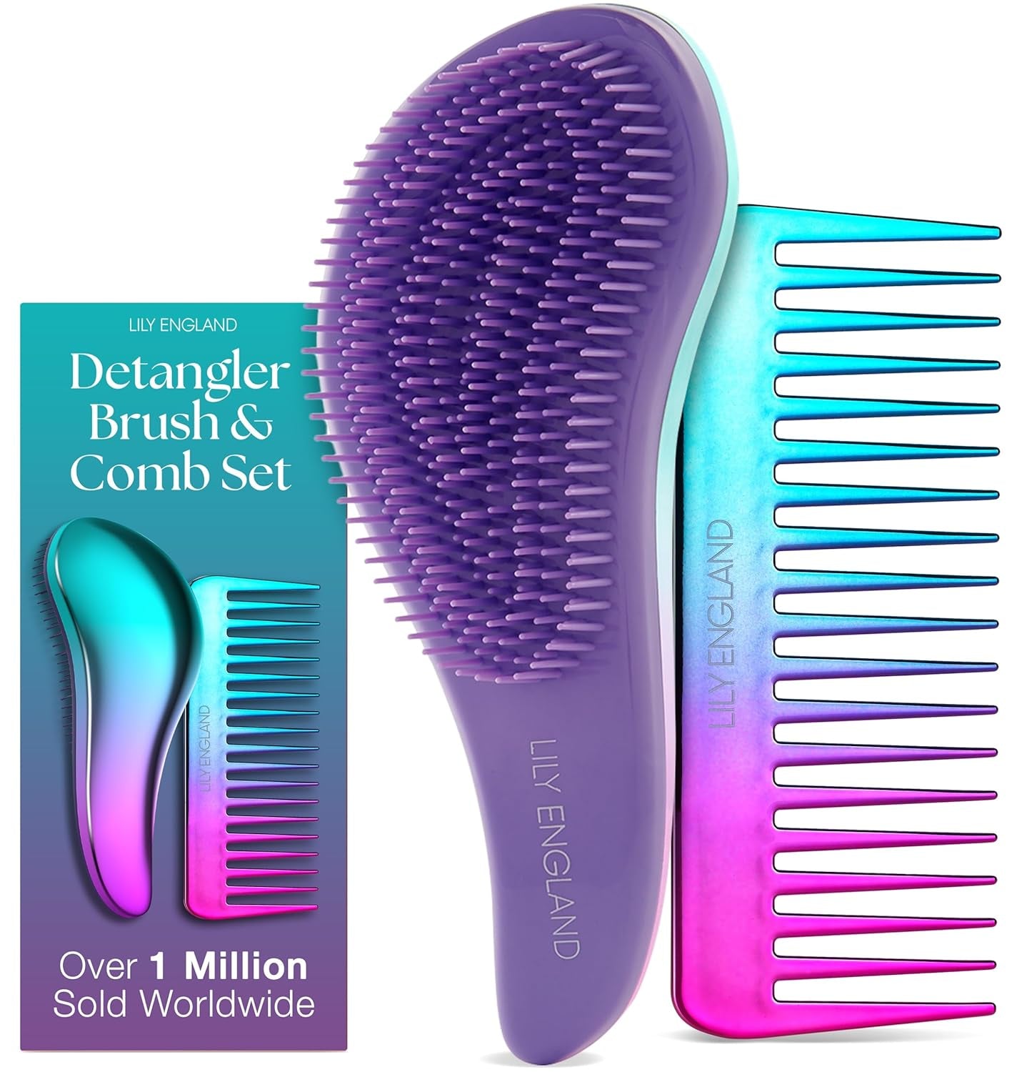 Detangler Brush & Comb Set - Lightweight Wide Tooth Detangling Tool for Women & Kids - Smooths Curly, Straight, Dry, Fine, & Thick Hair, Purple
